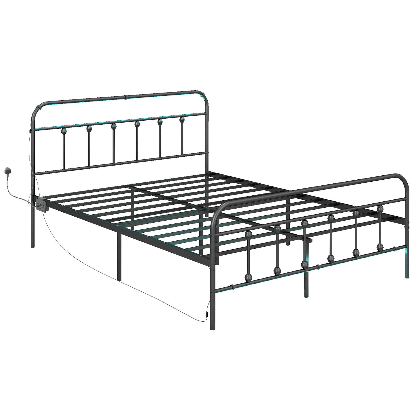 King Bed Frame with LED Lights and Charging Station, Black