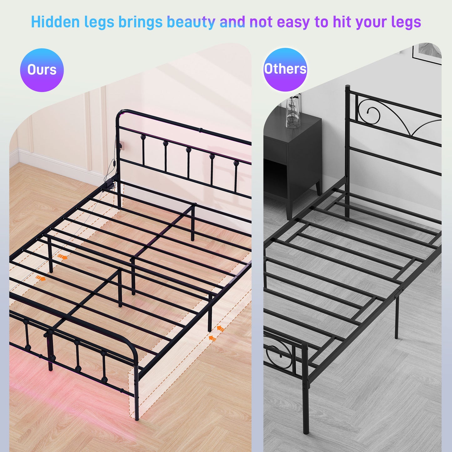 King Bed Frame with LED Lights and Charging Station, Black
