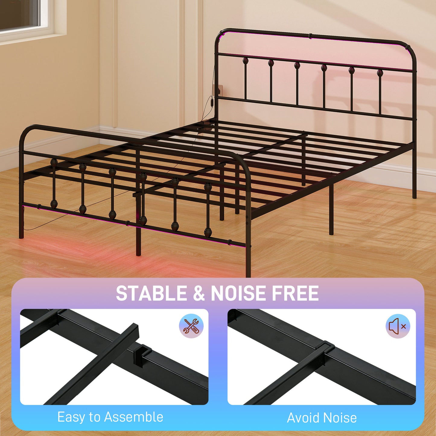 King Bed Frame with LED Lights and Charging Station, Black