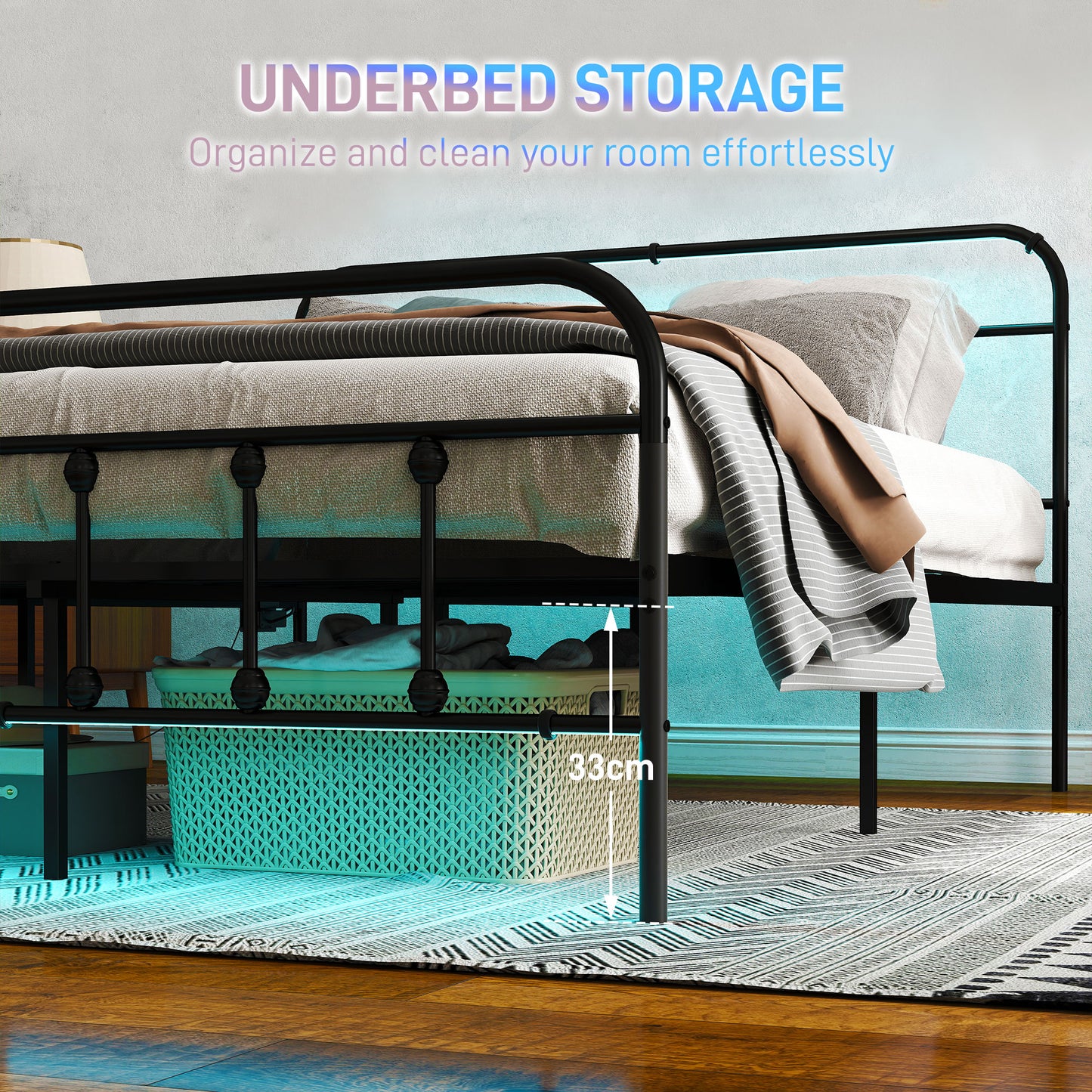 King Bed Frame with LED Lights and Charging Station, Black