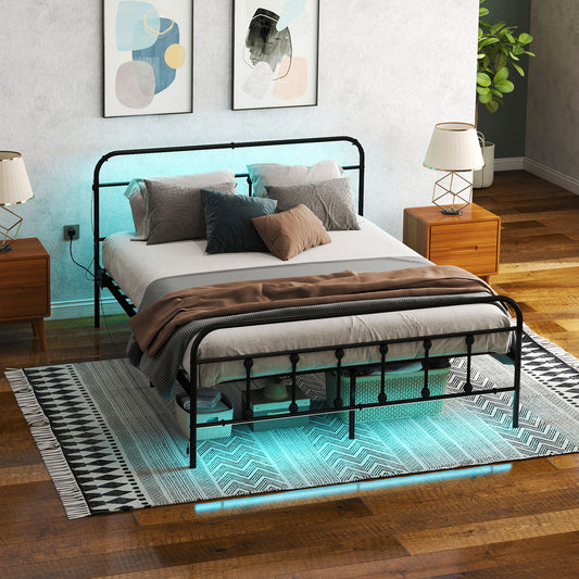 King Bed Frame with LED Lights and Charging Station, Black