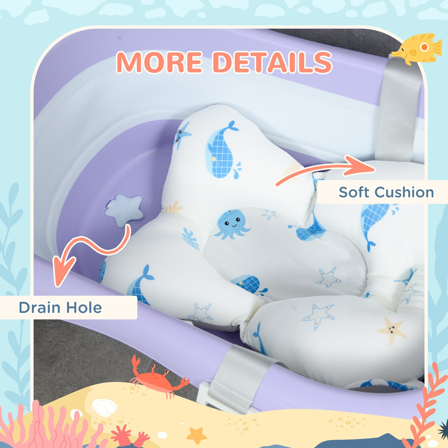 Foldable Baby Bathtub w/ Non-Slip Support Legs, Cushion Pad - Purple