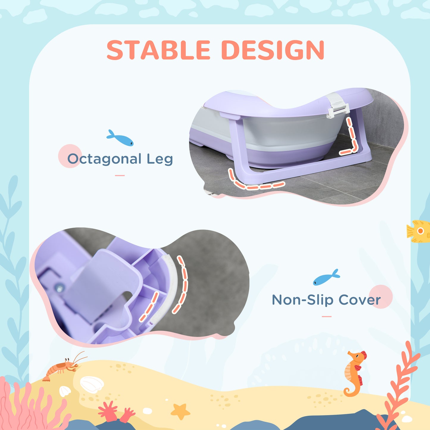 Foldable Baby Bathtub w/ Non-Slip Support Legs, Cushion Pad - Purple