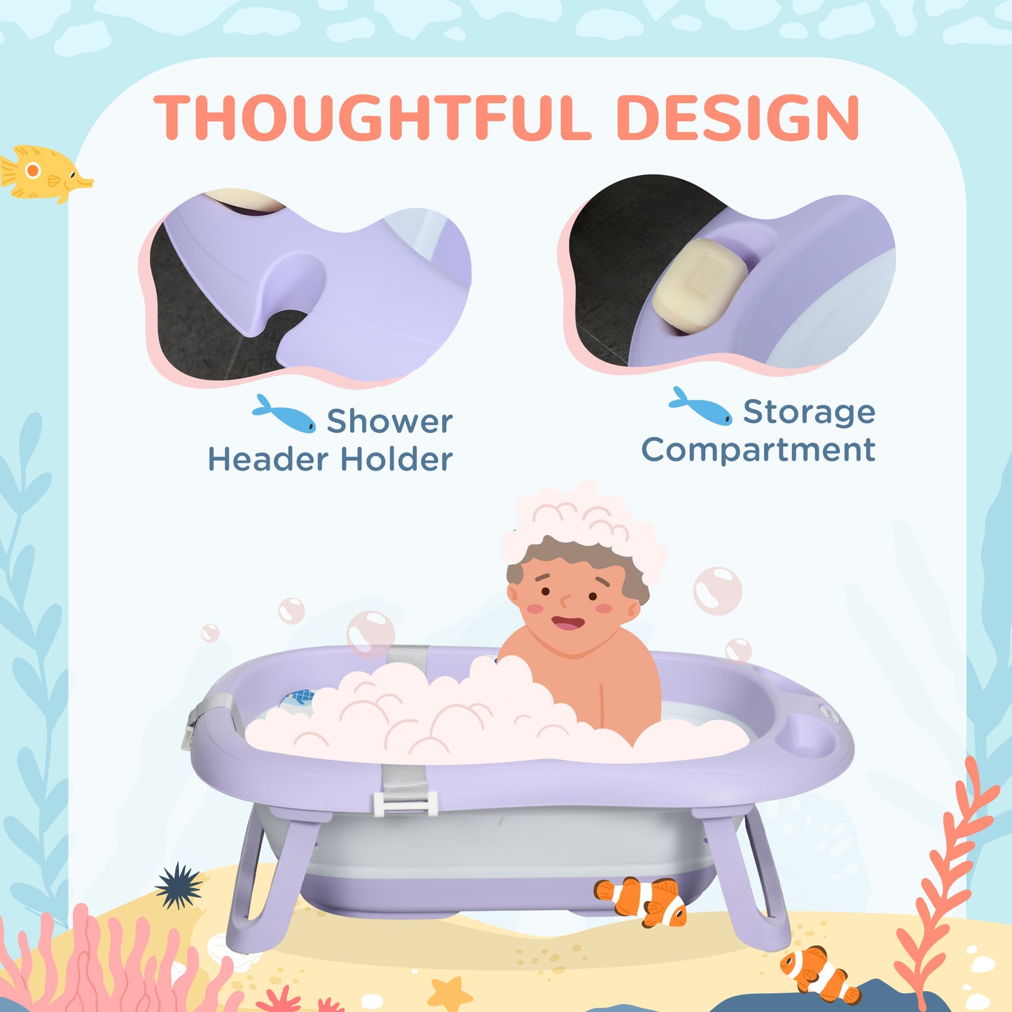 Foldable Baby Bathtub w/ Non-Slip Support Legs, Cushion Pad - Purple