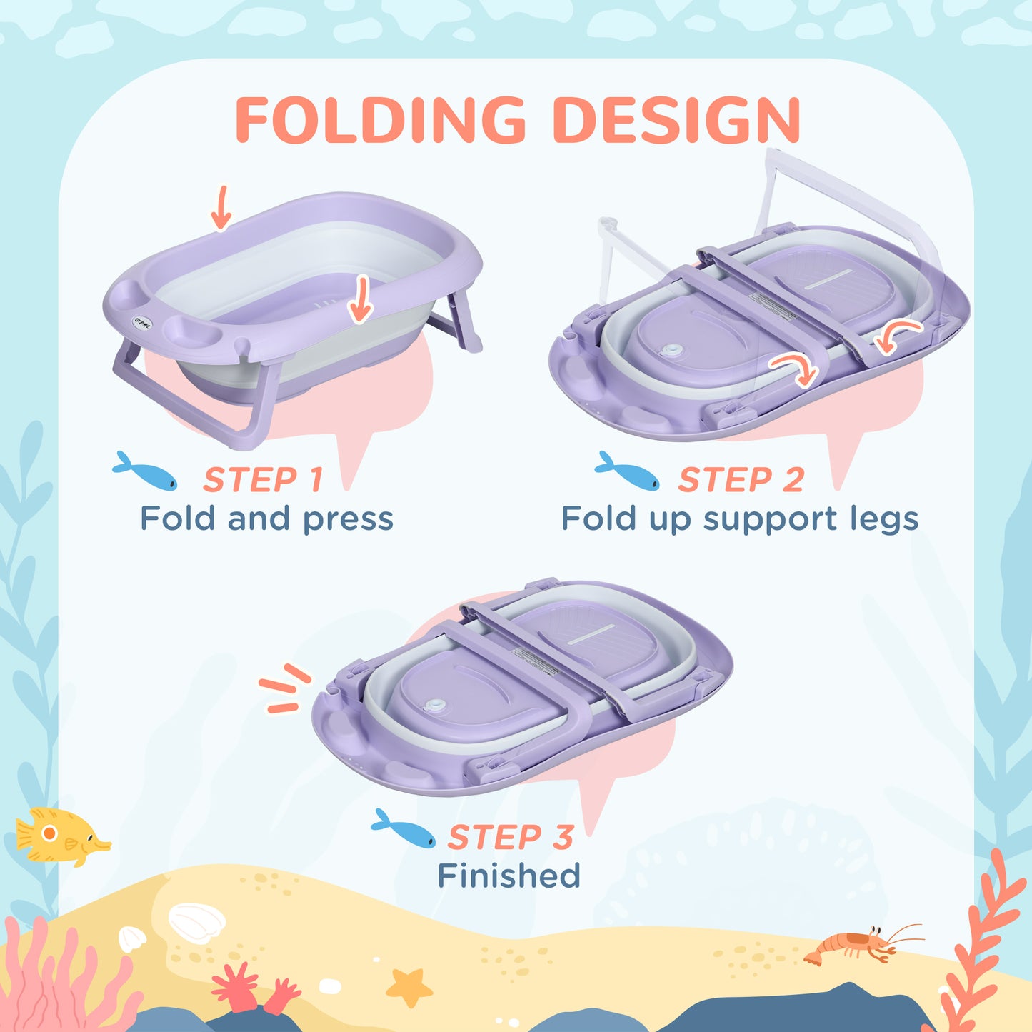 Foldable Baby Bathtub w/ Non-Slip Support Legs, Cushion Pad - Purple