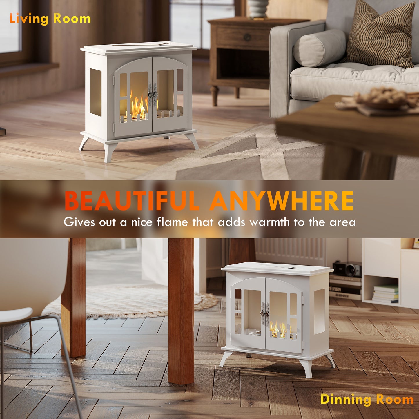 Ethanol Fireplace Stove Freestanding Bioethanol Fire, 0.9L Tank White