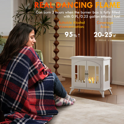 Ethanol Fireplace Stove Freestanding Bioethanol Fire, 0.9L Tank White