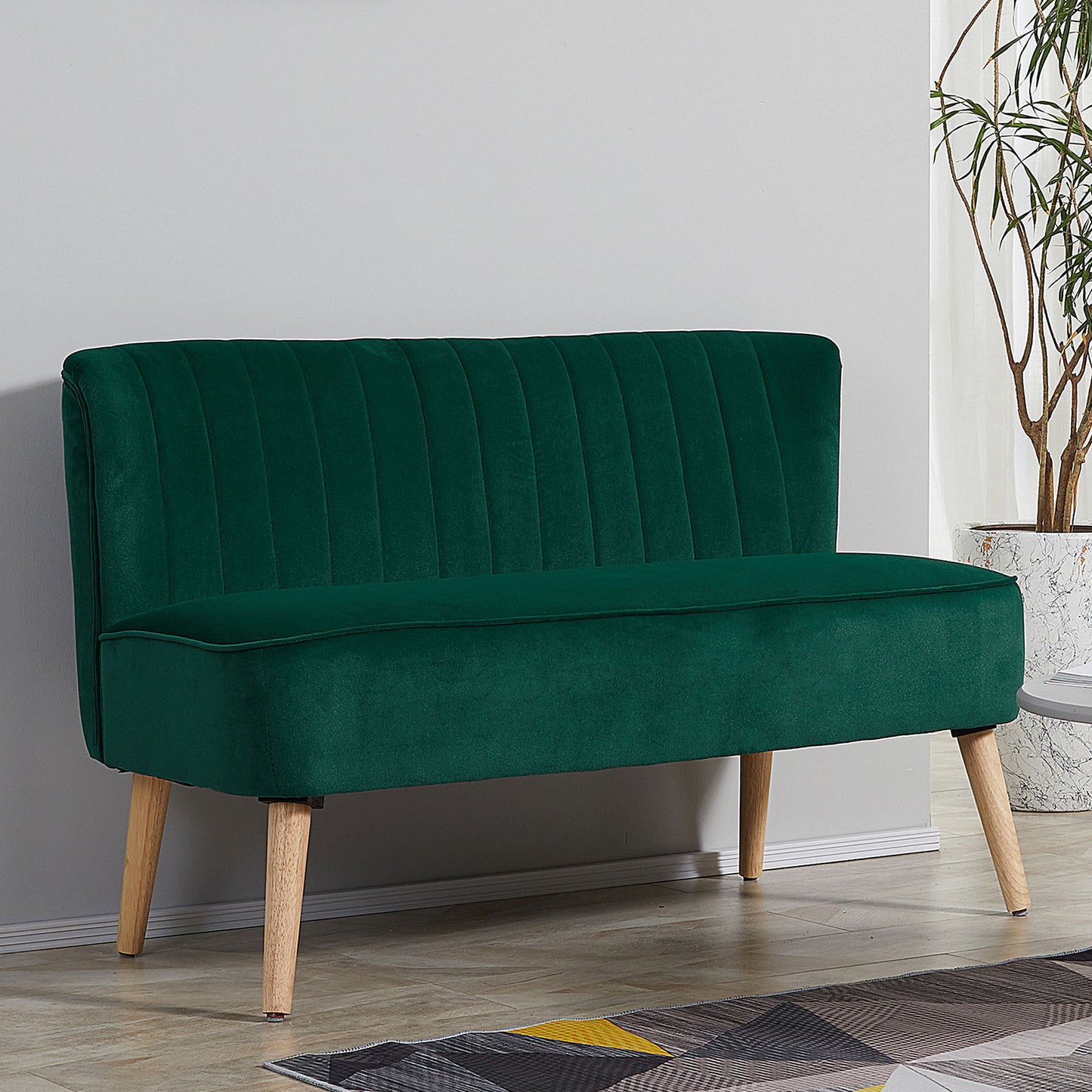 Velvet-Feel Double Sofa w/ Wood Frame Foam Padding High Back, Green
