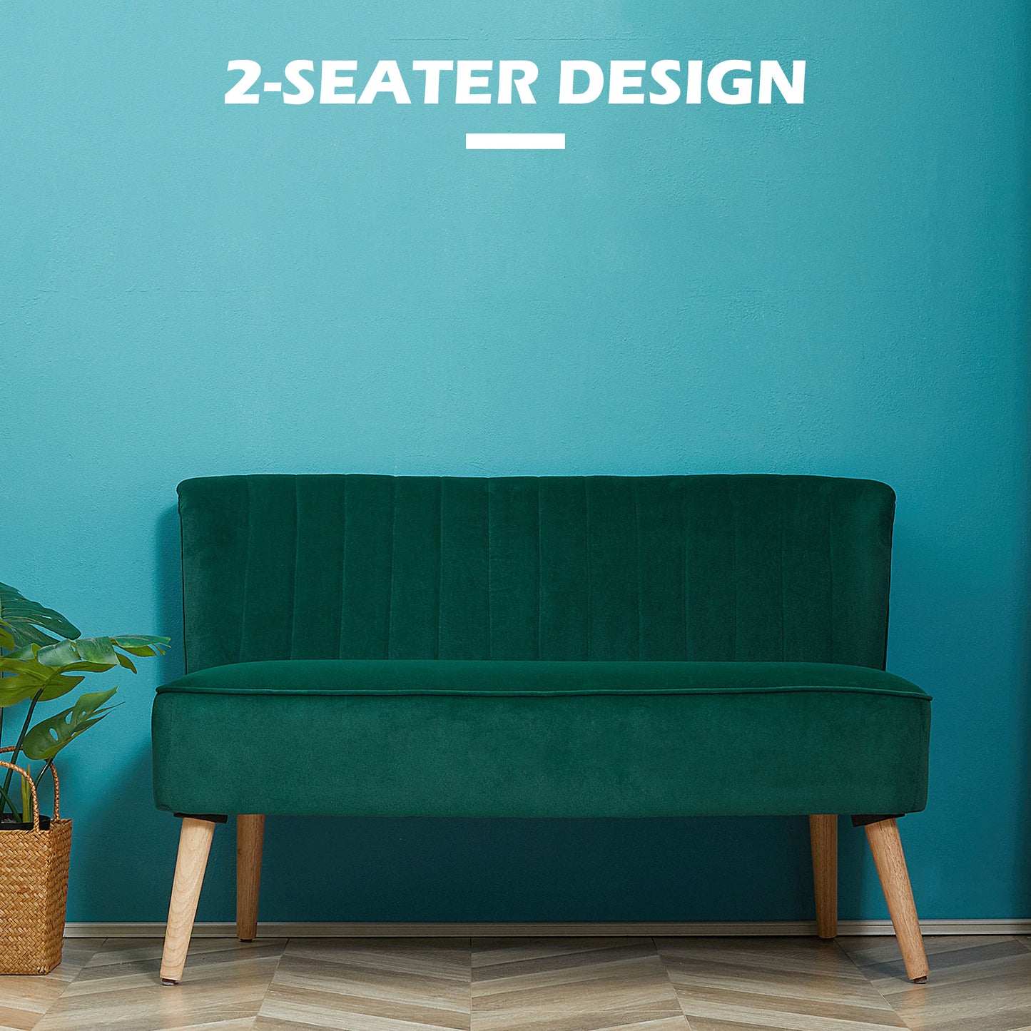 Velvet-Feel Double Sofa w/ Wood Frame Foam Padding High Back, Green