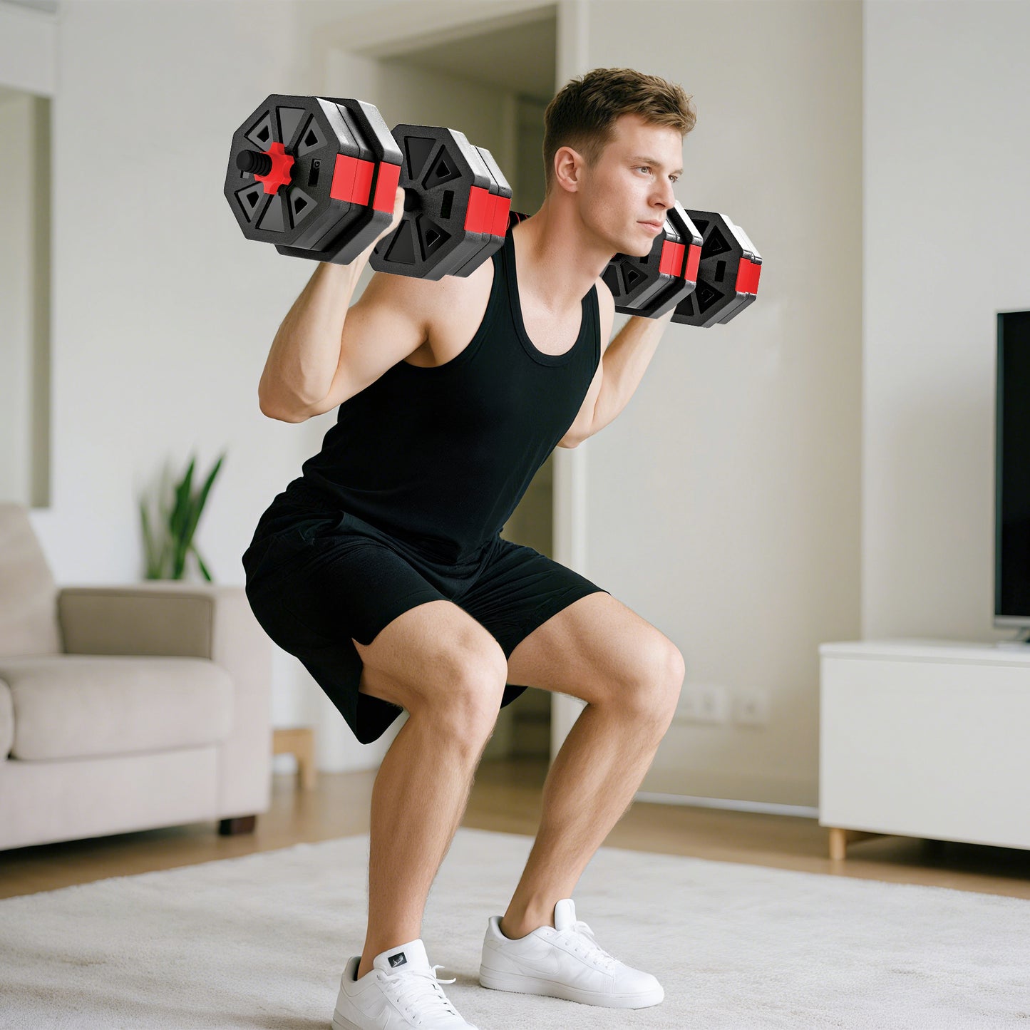 4-in-1 Adjustable Weight Dumbbells Set, 20kg Free Weights Set, Red