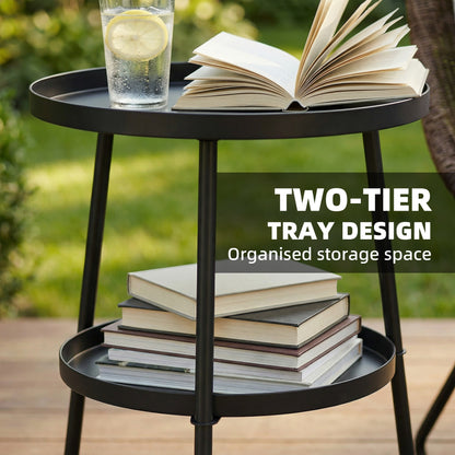 Patio Side Table, 2-Tier Round Coffee End Table, Black