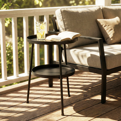Patio Side Table, 2-Tier Round Coffee End Table, Black