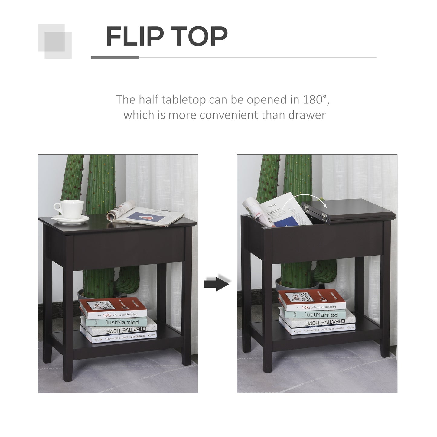 End Table, Narrow Side Table with Flip Top, Bottom Shelf