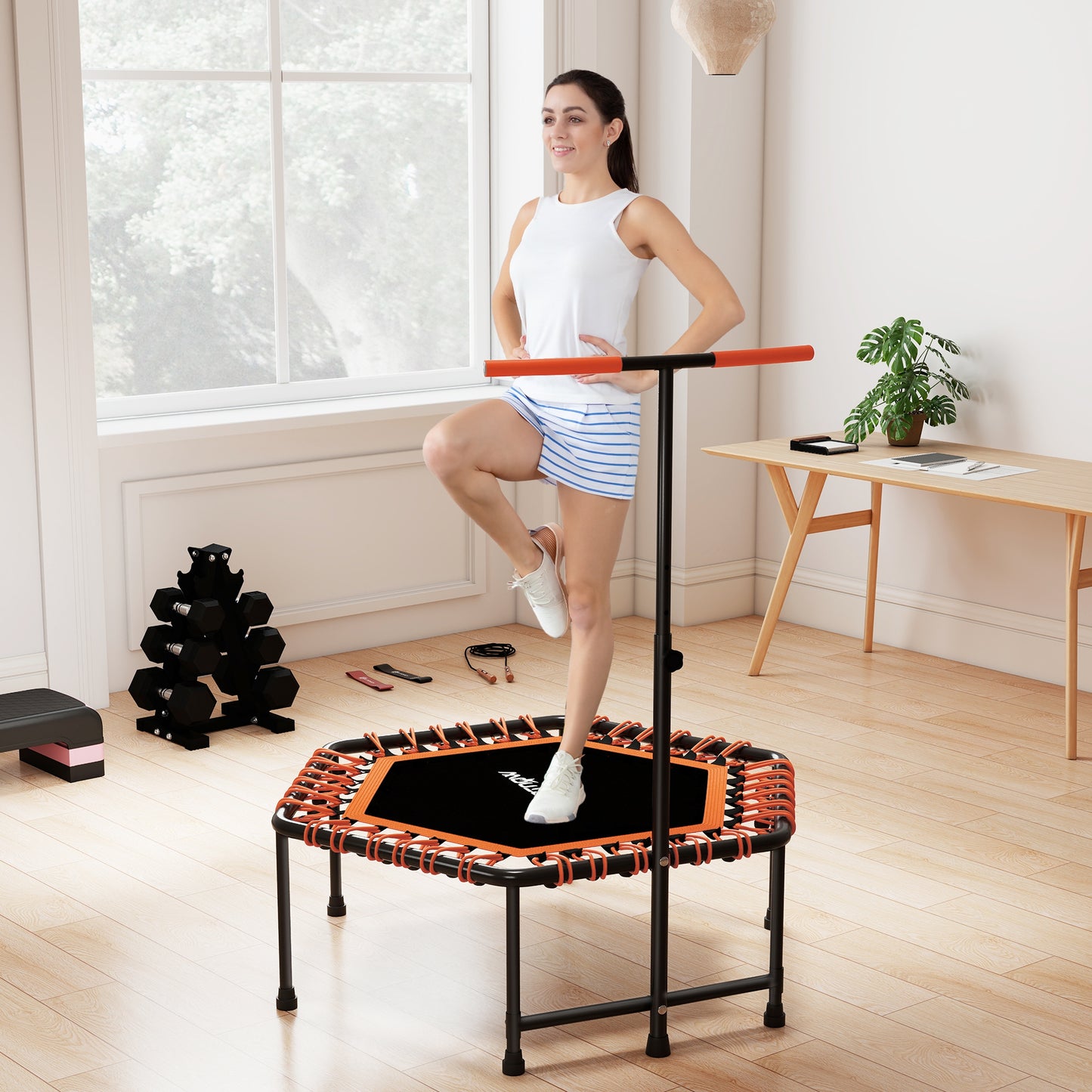 45" Fitness Trampoline with Adjustable Handle, LED Lights, Orange