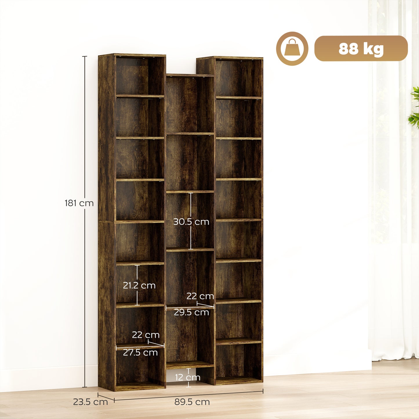 Tall Bookshelf with 21 Compartments and 10 Adjustable Shelves, Brown