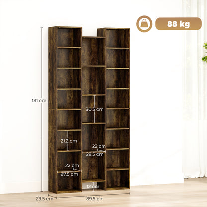 Tall Bookshelf with 21 Compartments and 10 Adjustable Shelves, Brown