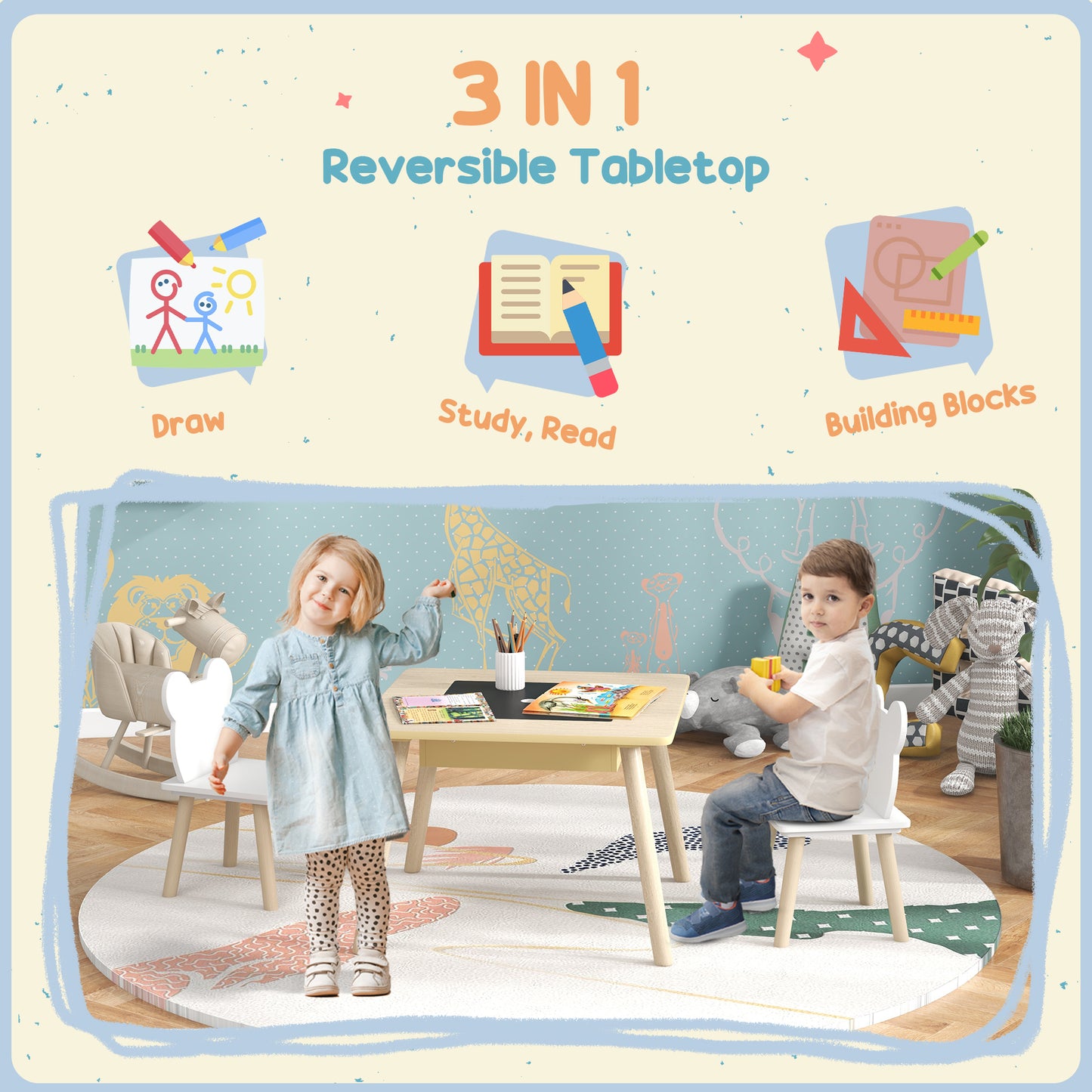 3-Piece Toddler Table and Chairs Set for Nursery, Playroom