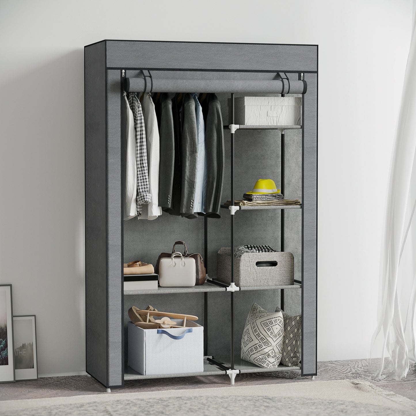 Fabric Wardrobe w/ Shelves Hanging Rail Foldable Closets Dark Grey