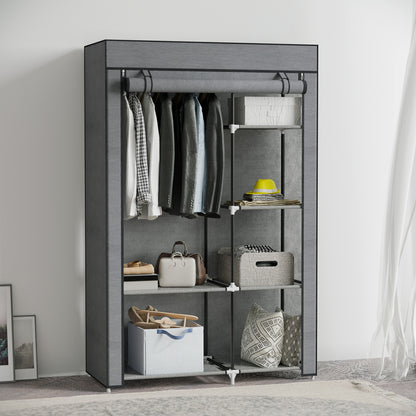 Fabric Wardrobe w/ Shelves Hanging Rail Foldable Closets Dark Grey
