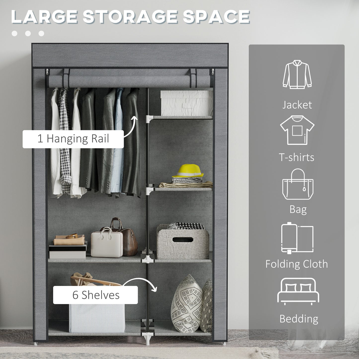 Fabric Wardrobe w/ Shelves Hanging Rail Foldable Closets Dark Grey
