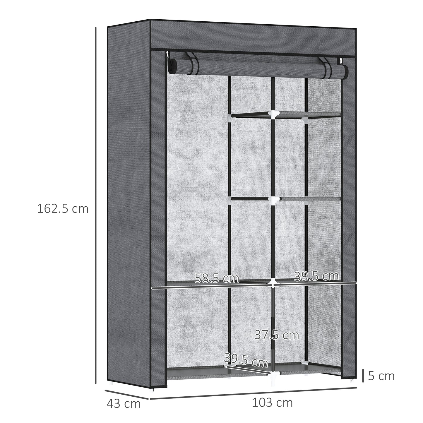 Fabric Wardrobe w/ Shelves Hanging Rail Foldable Closets Dark Grey