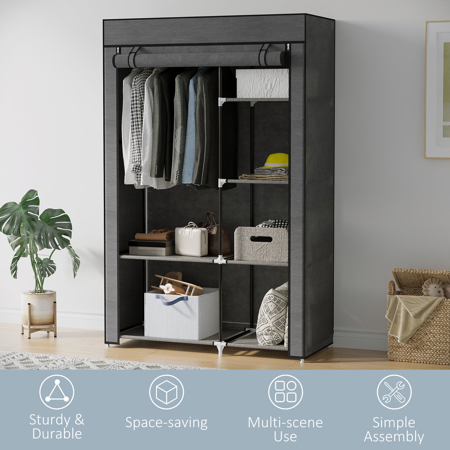 Fabric Wardrobe w/ Shelves Hanging Rail Foldable Closets Dark Grey