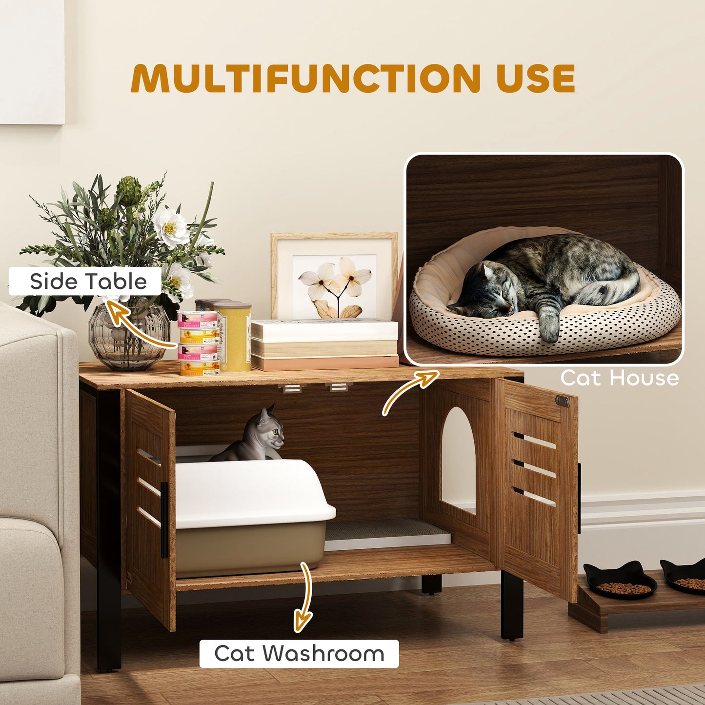 Cat Litter Box Enclosure w/ Tall Legs, Scratching Board, Dark Brown