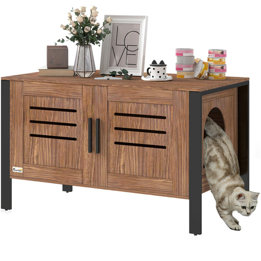 Cat Litter Box Enclosure w/ Tall Legs, Scratching Board, Dark Brown