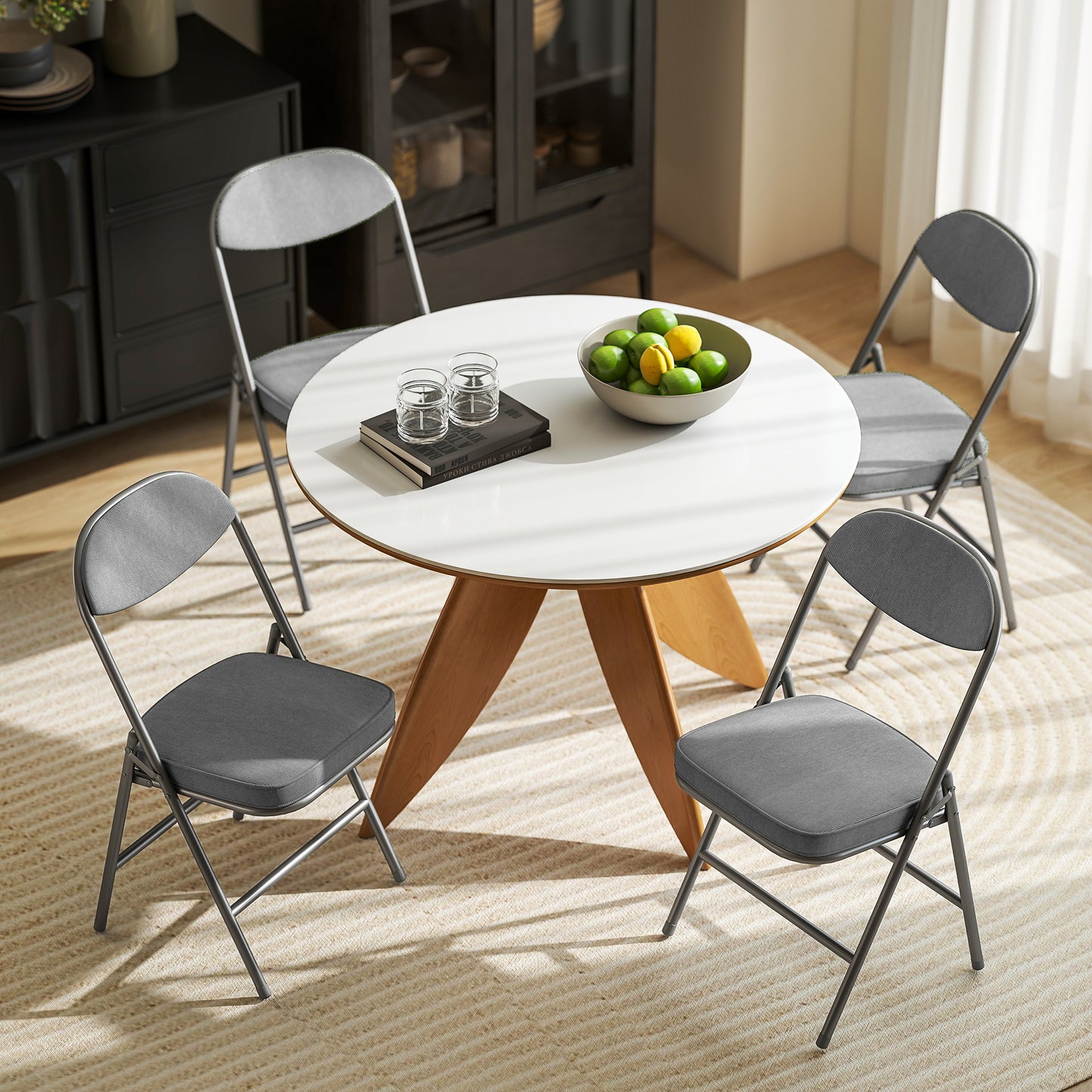 Folding Chairs Set of 4 with Cushioned Seat, Steel Frame, Grey