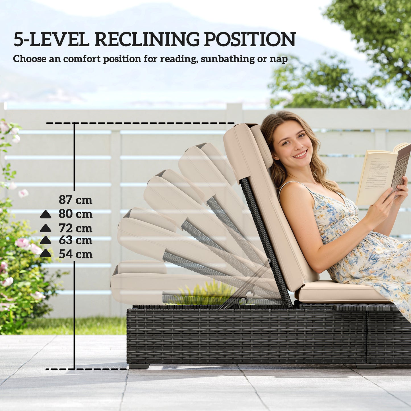 Rattan Sun Lounger, Garden Recliner w/ 5-Level Back, Cushion, Black
