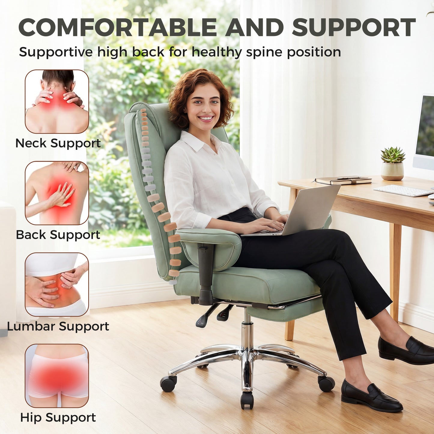 Executive Office Chair, Ergonomic Reclining Computer Desk Chair with Footrest, Adjustable Armrests, Spring Seat, High Back, Thick Cushion, Pet Friendly Faux Leather, Swivel, Green