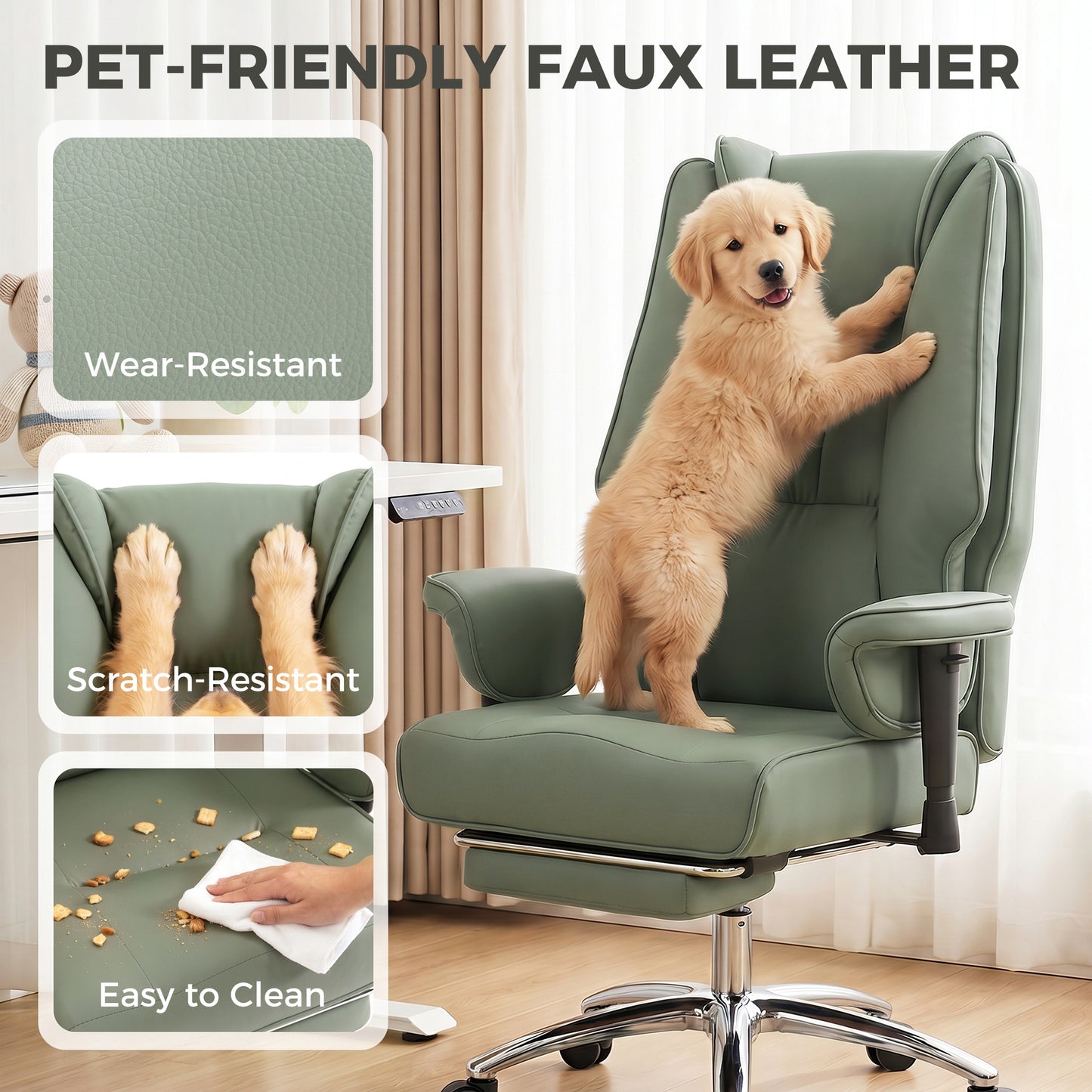 Executive Office Chair, Ergonomic Reclining Computer Desk Chair with Footrest, Adjustable Armrests, Spring Seat, High Back, Thick Cushion, Pet Friendly Faux Leather, Swivel, Green