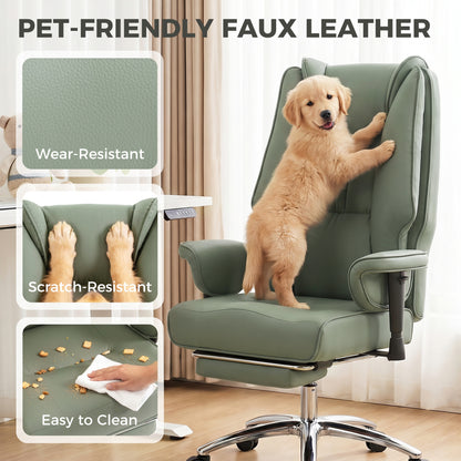 Executive Office Chair, Ergonomic Reclining Computer Desk Chair with Footrest, Adjustable Armrests, Spring Seat, High Back, Thick Cushion, Pet Friendly Faux Leather, Swivel, Green