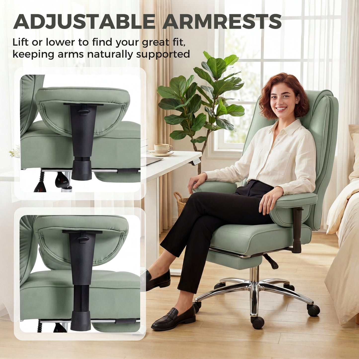 Executive Office Chair, Ergonomic Reclining Computer Desk Chair with Footrest, Adjustable Armrests, Spring Seat, High Back, Thick Cushion, Pet Friendly Faux Leather, Swivel, Green