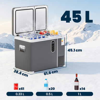 45L Compressor Car Fridge Freezer, Dual Zone Camping Refrigerator with App Control, 12/24V DC and 100-240V AC, Portable Electric Cool Box with Foldable Handle, Truck, Campervan, RV, Boat