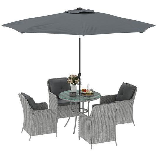 Luxury Rattan Garden Dining Set W/ Parasol, Cushions, Light Grey