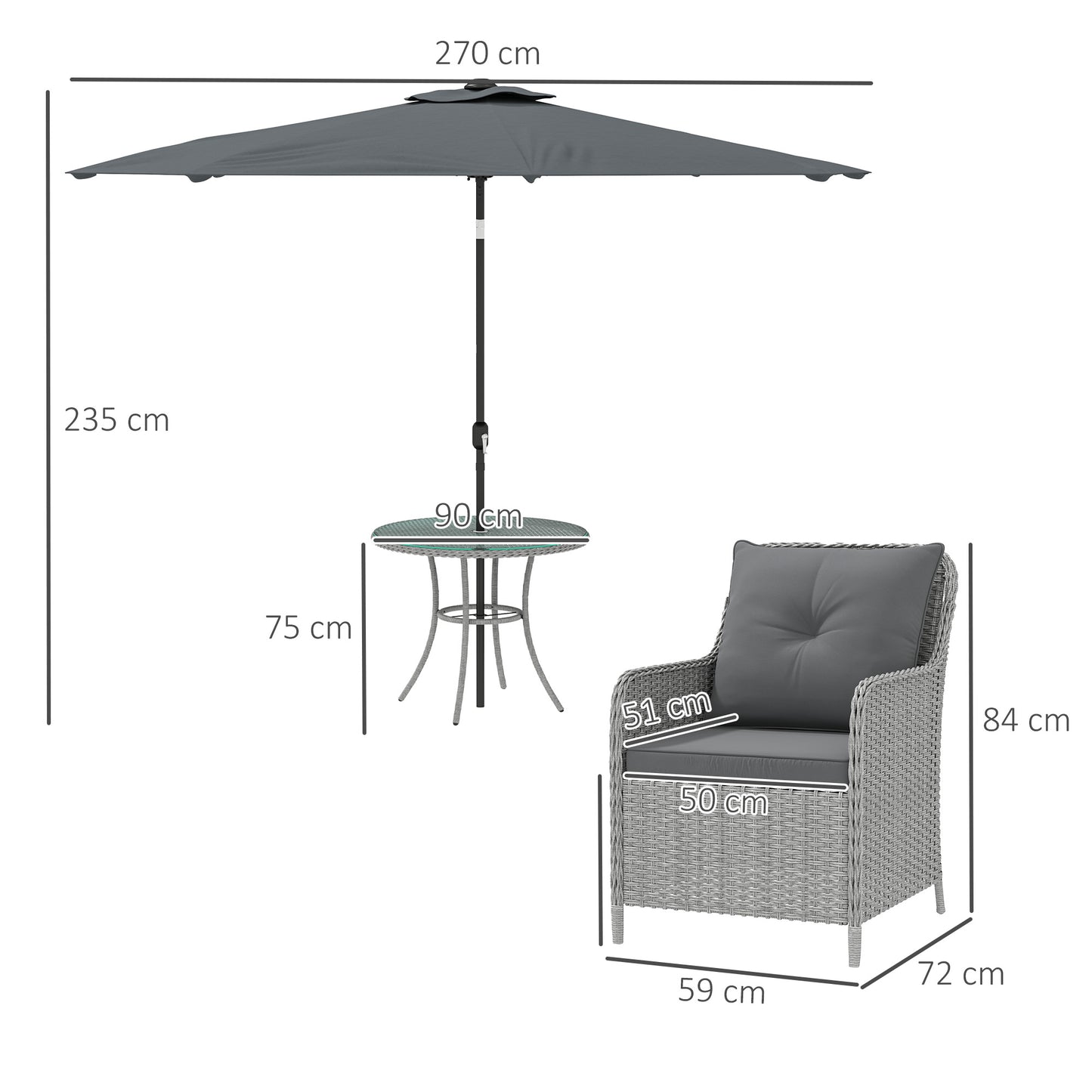 Luxury Rattan Garden Dining Set W/ Parasol, Cushions, Light Grey