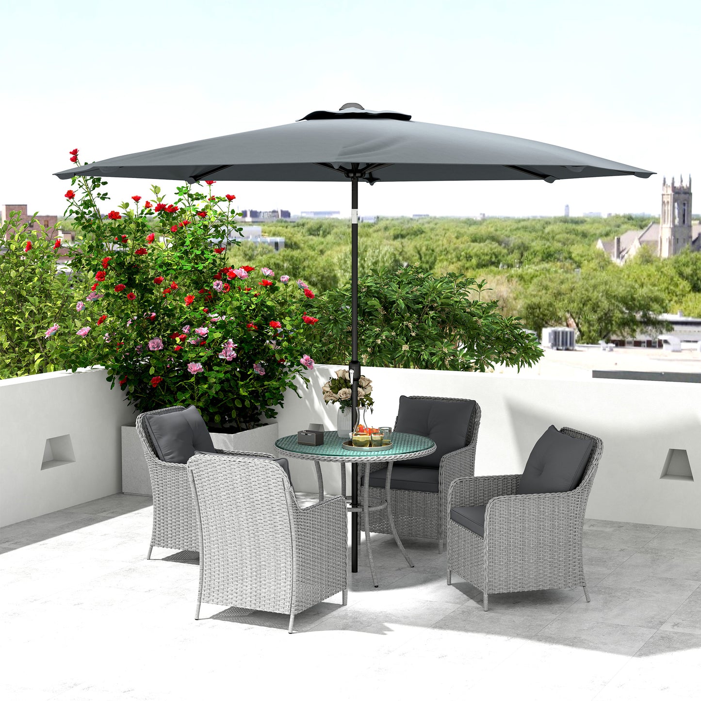 Luxury Rattan Garden Dining Set W/ Parasol, Cushions, Light Grey