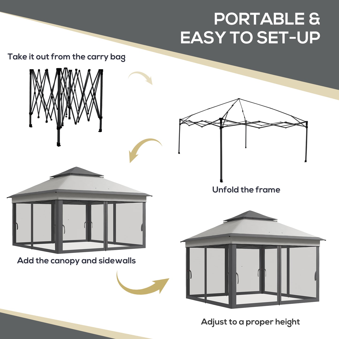 3 x 3(m) Pop Up Gazebo, Height Adjustable Instant Event Shelter with Netting and Carrying Bag, Grey