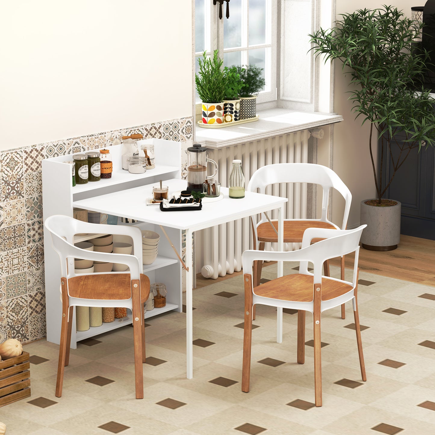 Folding Dining Table, Kitchen Table for 3 People with 4-Tier Shelves, Modern Drop-Leaf Table for Small Spaces, White