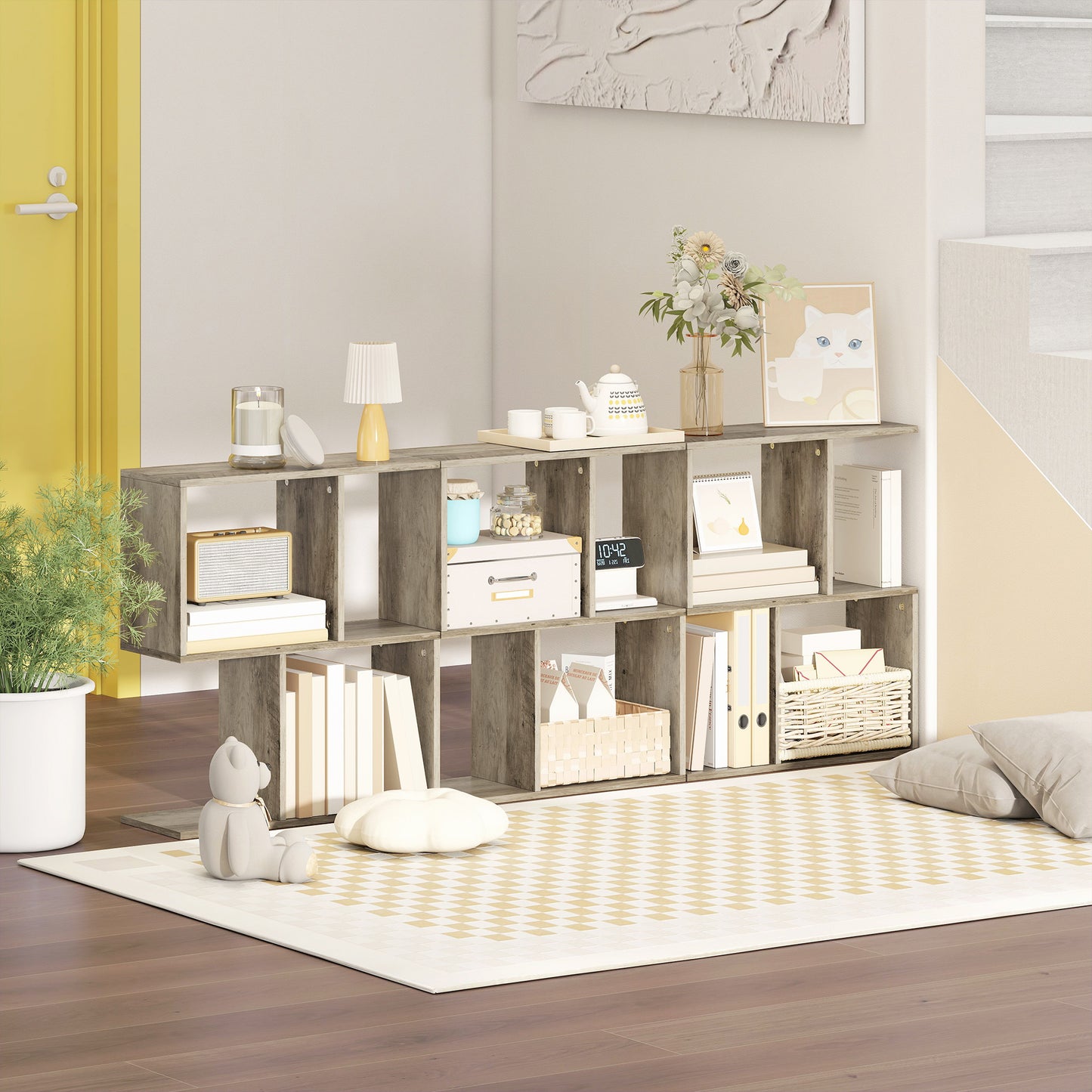 Side Table, Narrow End Table with Storage Shelves, Grey