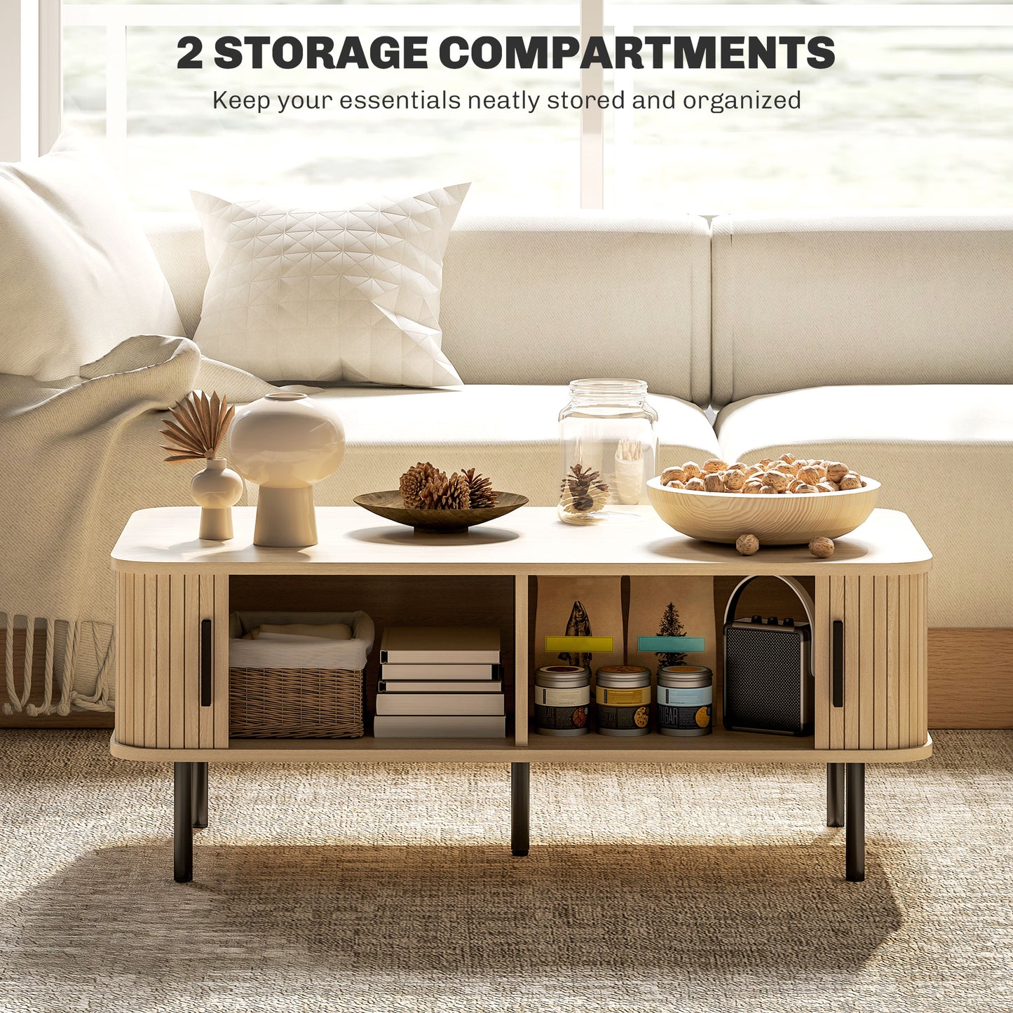 Coffee Table with Storage and Sliding Doors for Living Room, Oak