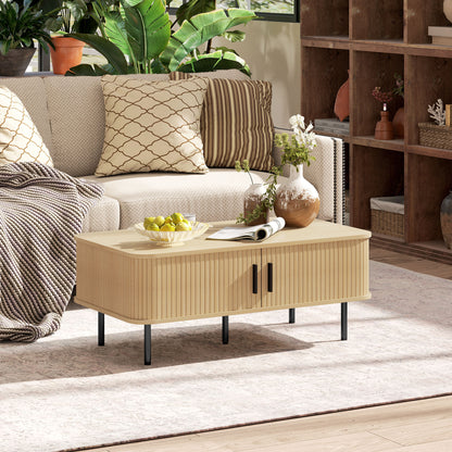 Coffee Table with Storage and Sliding Doors for Living Room, Oak