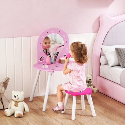 Kids Dressing Table with Mirror and Stool, Girls Vanity Set, Pink