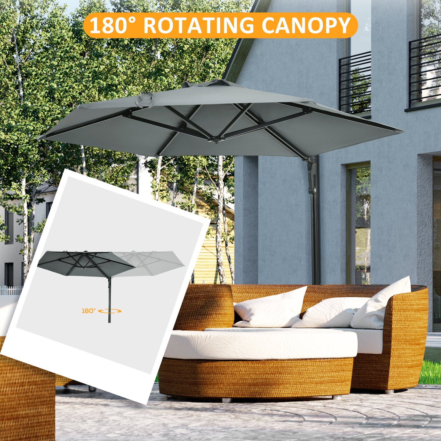 Wall-Mounted Parasol Patio Umbrella with Hand to Push System Grey