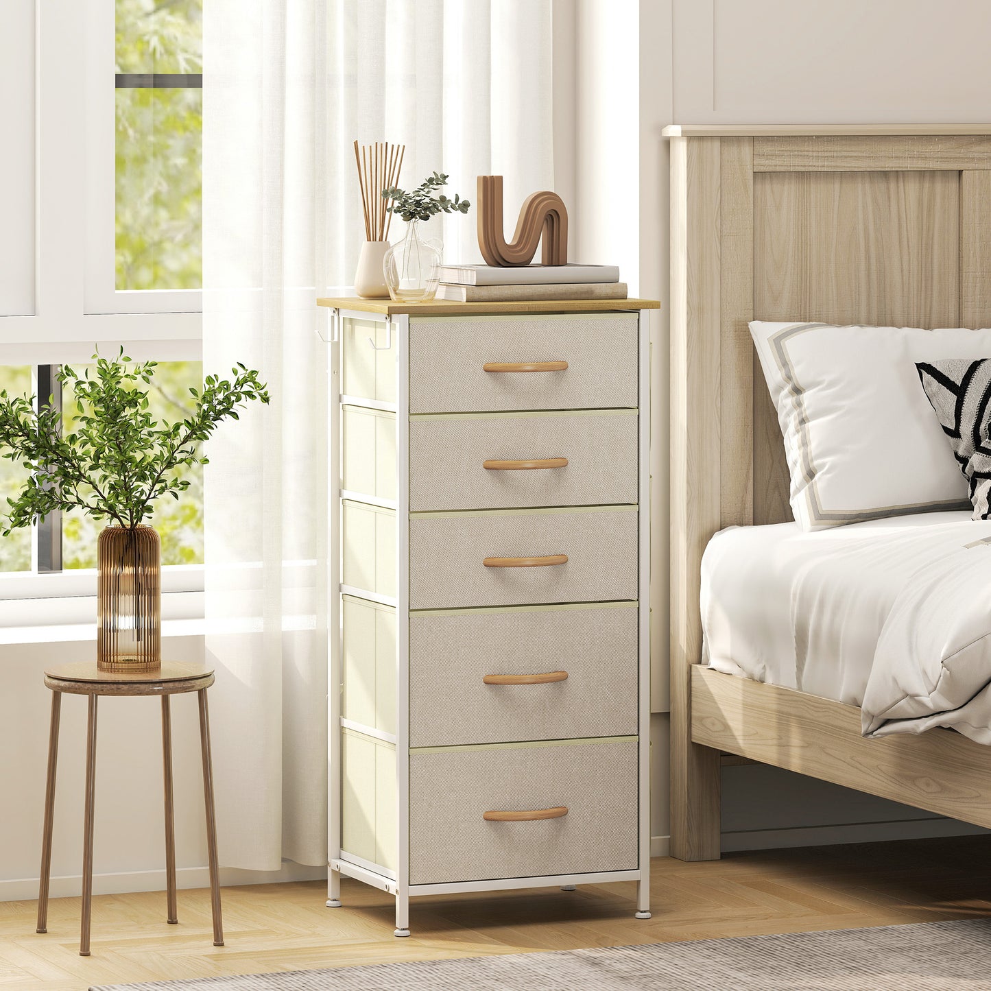 Fabric Chest of Drawers, 5 Drawer Dresser for Bedroom, Beige