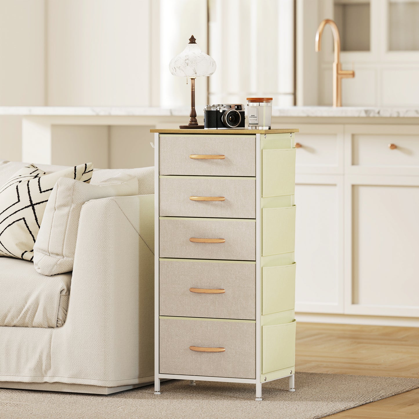 Fabric Chest of Drawers, 5 Drawer Dresser for Bedroom, Beige