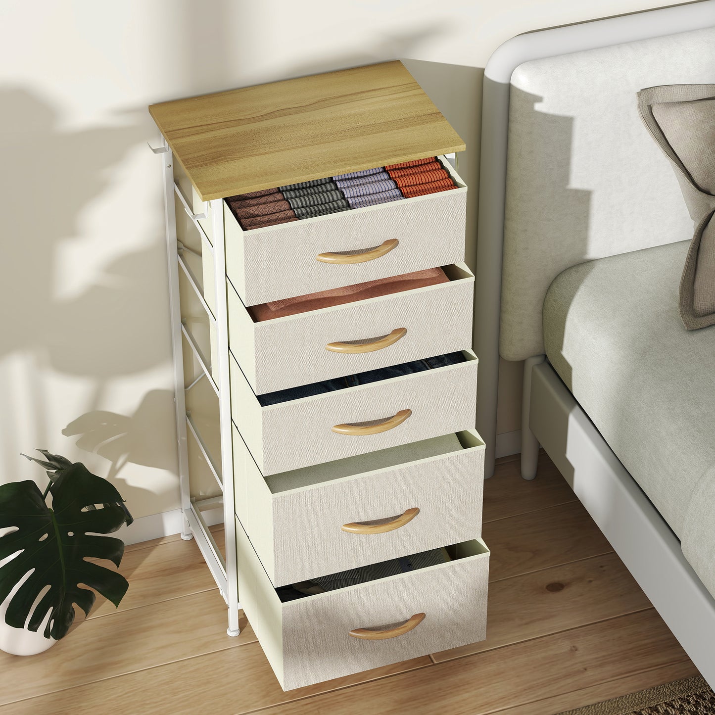 Fabric Chest of Drawers, 5 Drawer Dresser for Bedroom, Beige