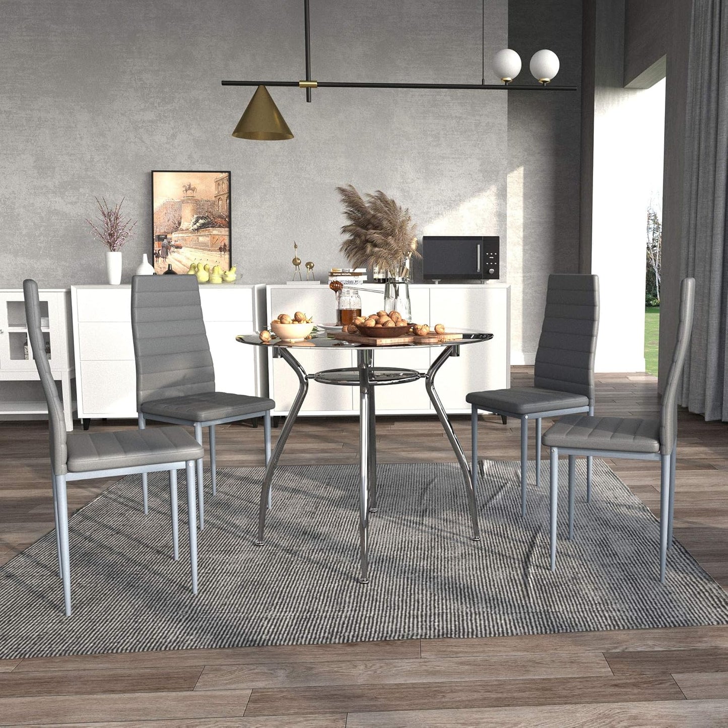 Five-Piece Dining Home Set, with Padded Chairs and Glass-Top Table - Grey