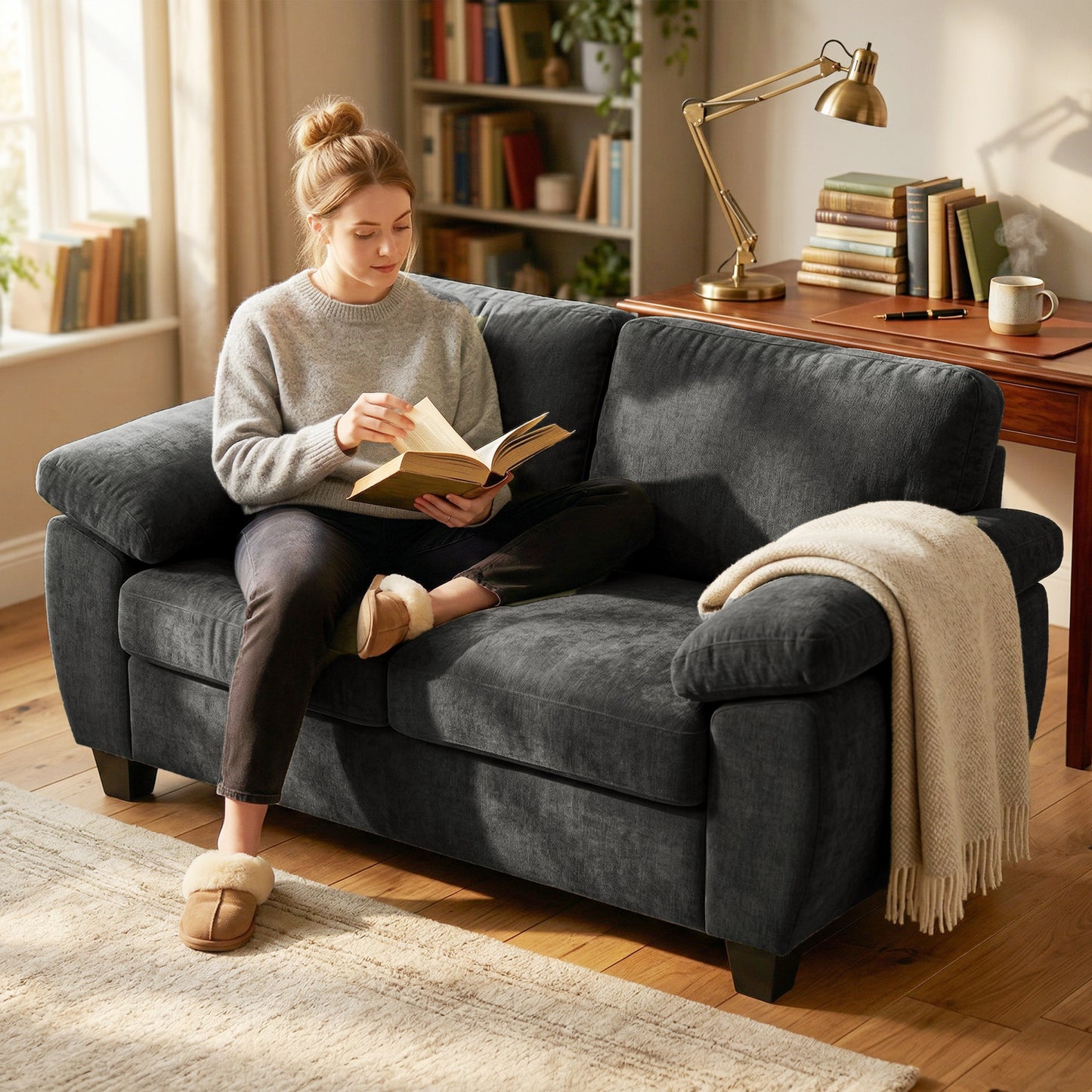 2 Seater Sofa, Chenille Small Sofa with Spring Cushions, Dark Grey